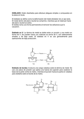 DOBLADO: Están diseñados para efectuar pliegues simples o compuestos en
la pieza en bruto.

El doblado se define como la deformación del metal alrededor de un eje recto.
El metal dentro del plano neutral se comprime, mientras que el metal por fuera
del plano neutral se estira.
El doblez toma una forma permanente al remover los esfuerzos que lo
causaron.


Doblado en V: La lámina de metal se dobla entre un punzón y una matriz en
forma de V. Se pueden hacer con matrices en forma de V, son relativamente
simples y de bajo costo. El doblado en V se usa generalmente para
operaciones de baja producción.




Doblado de bordes involucra una carga voladiza sobre la lámina de metal. Se
usa una placa de presión que aplica una fuerza de sujeción para sostener la
base de la parte contra la matriz, mientras el punzón fuerza la parte en voladizo
para doblarla sobre el borde de la matriz.
 