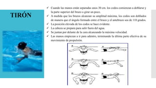 TIRÓN
 Cuando las manos están separadas unos 30 cm. los codos comienzan a doblarse y
la parte superior del brazo a girar un poco.
 A medida que los brazos alcanzan su amplitud máxima, los codos son doblados
de manera que el ángulo formado entre el brazo y el antebrazo sea de 110 grados.
 La posición elevada de los codos se hace evidente.
 La cabeza se prepara para salir fuera del agua.
 Se juntan por delante de la cara alcanzando la máxima velocidad.
 Las manos empiezan a ir para adentro, terminando la última parte efectiva de su
movimiento de propulsión.
 