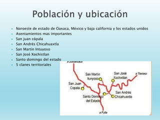  Noroeste de estado de Oaxaca, México y baja california y los estados unidos
 Asentamientos mas importantes
 San juan c...