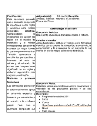 Planificación: 
Esta secuencia pretende 
que el alumnado comprenda 
la importancia de las reglas 
y acuerdos para realizar 
actividades colectivas. 
Comprenderán la 
importancia de aplicar las 
reglas en el manejo de 
materiales y al realizar 
composiciones con el fin de 
expresar con mayor riqueza 
lo que se quiere comunicar. 
También aprenderán a 
conciliar las perspectivas e 
intereses del autor del 
retrato y el retratado. Se 
espera que comprendan el 
significado de las reglas y 
elaboren argumentos para 
mejorar su aplicación. 
Asignatura(s): Educación 
Artística, ciencias naturales y 
Educación Física. 
Duración: 
2 sesiones 
Aprendizajes esperados 
Educación Artística 
Representa situaciones dramáticas reales o ficticias. 
ciencias naturales 
Aplica habilidades, actitudes y valores de la formación 
científica básica durante la planeación, el desarrollo, la 
comunicación y la evaluación de un proyecto de su 
interés en el que integra contenidos del bloque. 
Nociones y procesos 
formativos 
Las actividades promueven 
el autoconocimiento, apoya 
el desarrollo expresivo y 
favorece que se establezca 
el respeto y la confianza 
grupal. Para que el 
alumnado comprenda sus 
Educación Física. 
Establece juicios argumentados sobre la congruencia y 
viabilidad de las propuestas propias y de sus 
compañeros. 
Materiales: 
 Programa de estudios 2011 
 TIC’S 
 Videos 
https://www.youtube.com/watch?v=0FvvdKwqyLo 
 Gises 
 Patio escolar 
 