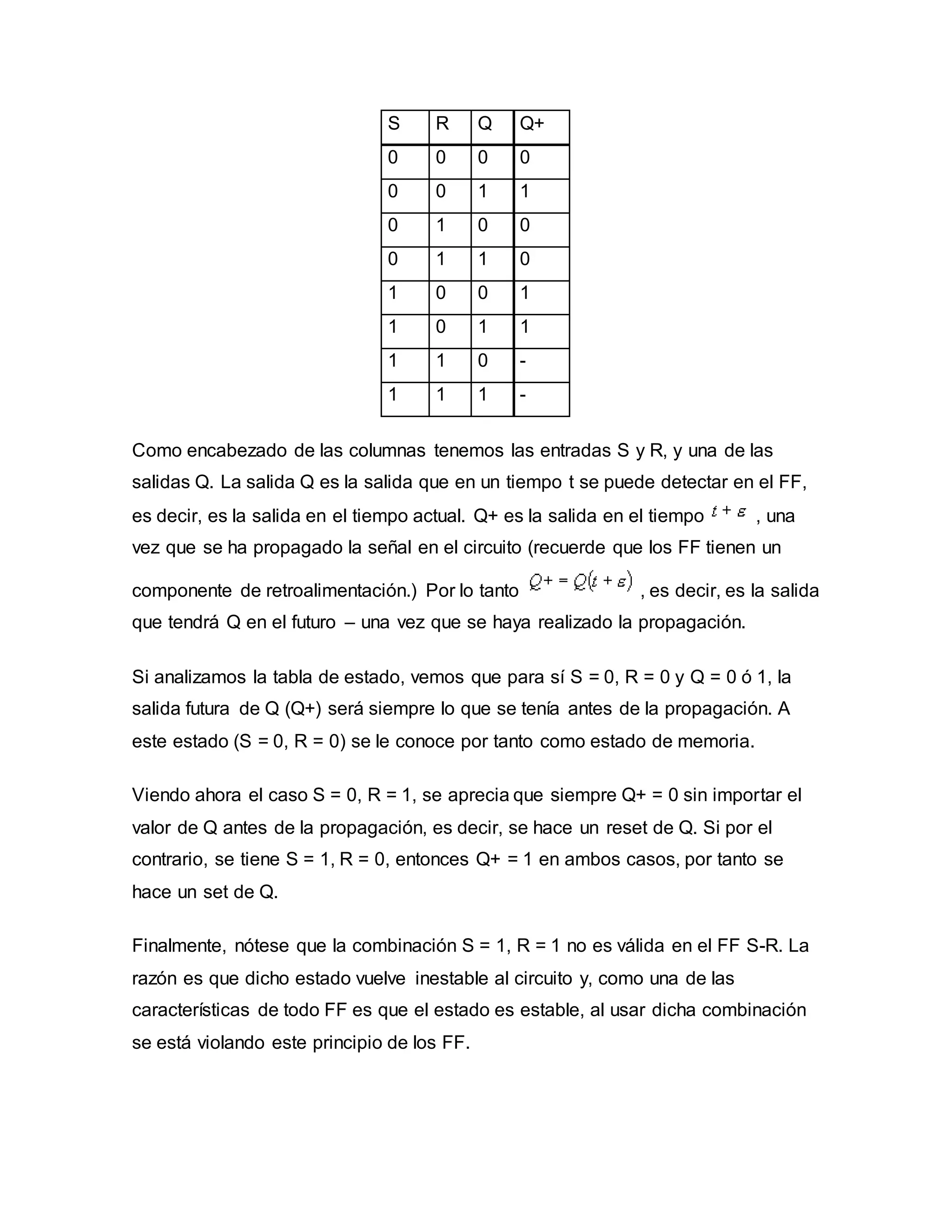 S R Q Q+
0 0 0 0
0 0 1 1
0 1 0 0
0 1 1 0
1 0 0 1
1 0 1 1
1 1 0 -
1 1 1 -
Como encabezado de las columnas tenemos las entradas S y R, y una de las
salidas Q. La salida Q es la salida que en un tiempo t se puede detectar en el FF,
es decir, es la salida en el tiempo actual. Q+ es la salida en el tiempo , una
vez que se ha propagado la señal en el circuito (recuerde que los FF tienen un
componente de retroalimentación.) Por lo tanto , es decir, es la salida
que tendrá Q en el futuro – una vez que se haya realizado la propagación.
Si analizamos la tabla de estado, vemos que para sí S = 0, R = 0 y Q = 0 ó 1, la
salida futura de Q (Q+) será siempre lo que se tenía antes de la propagación. A
este estado (S = 0, R = 0) se le conoce por tanto como estado de memoria.
Viendo ahora el caso S = 0, R = 1, se aprecia que siempre Q+ = 0 sin importar el
valor de Q antes de la propagación, es decir, se hace un reset de Q. Si por el
contrario, se tiene S = 1, R = 0, entonces Q+ = 1 en ambos casos, por tanto se
hace un set de Q.
Finalmente, nótese que la combinación S = 1, R = 1 no es válida en el FF S-R. La
razón es que dicho estado vuelve inestable al circuito y, como una de las
características de todo FF es que el estado es estable, al usar dicha combinación
se está violando este principio de los FF.
 