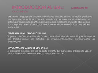 UML es un Lenguaje de Modelado Unificado basado en una notación gráfica la
cual permite: especificar, construir, visualizar y documentar los objetos de un
sistema programado. El UML modela sistemas mediante el uso de objetos que
forman parte de él así como, las relaciones estáticas o dinámicas que existen
entre ellos.
DIAGRAMAS EMPLEADOS POR EL UML
Diagrama de Casos de Uso, de Clases, de Actividades, de Iteración(de Secuencia,
de Colaboración), de Estados, de Implementación(de Componentes, de
Despliegue).
DIAGRAMAS DE CASOS DE USO EN UML
El diagrama de casos de uso es parte de UML. Sus partes son: El Caso de uso, el
actor, la relación <<extiende>>, la relación << usa >>.
 