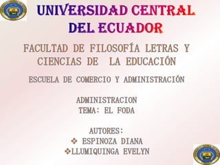 UNIVERSIDAD CENTRAL DEL ECUADOR FACULTAD DE FILOSOFÍA LETRAS Y CIENCIAS DE  LA EDUCACIÓN ESCUELA DE COMERCIO Y ADMINISTRACIÓN ADMINISTRACION TEMA: EL FODA AUTORES: ,[object Object]