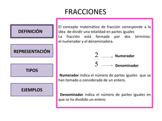 FRACCIONES
                 El concepto matemático de fracción corresponde a la
 DEFINICIÓN      idea de dividir una totalidad en partes iguales
                 La fracción está formada por dos términos:
                 el numerador y el denominadora.

REPRESENTACIÓN
                                     2          Numerador

                                     5           Denominador
    TIPOS
                  Numerador indica el número de partes iguales que se
                 han tomado o considerado de un entero.

  EJEMPLOS
                  Denominador indica el número de partes iguales en
                 que se ha dividido un entero.
 