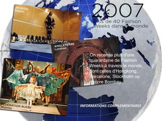 On recense plus d'une
quarantaine de Fashion
Weeks à travers le monde,
dont celles d'Hongkong,
Barcelone, Stockholm ou
encore Bombay
INFORMATIONS COMPLÉMENTAIRES
 