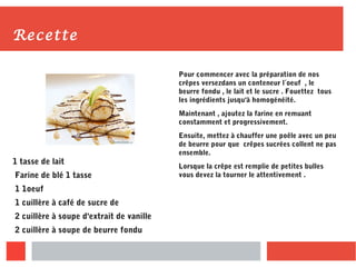Recette
1 tasse de lait
Farine de blé 1 tasse
1 1oeuf
1 cuillère à café de sucre de
2 cuillère à soupe d'extrait de vanille
2 cuillère à soupe de beurre fondu
Pour commencer avec la préparation de nos
crêpes versezdans un conteneur l´oeuf , le
beurre fondu , le lait et le sucre . Fouettez tous
les ingrédients jusqu'à homogénéité.
Maintenant , ajoutez la farine en remuant
constamment et progressivement.
Ensuite, mettez à chauffer une poêle avec un peu
de beurre pour que crêpes sucrées collent ne pas
ensemble.
Lorsque la crêpe est remplie de petites bulles
vous devez la tourner le attentivement .
 