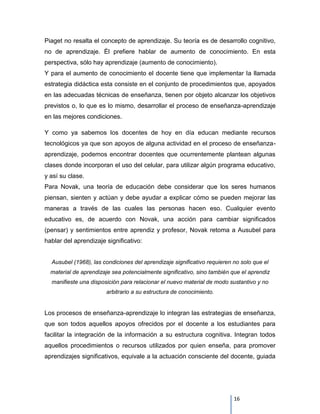 Piaget no resalta el concepto de aprendizaje. Su teoría es de desarrollo cognitivo,
no de aprendizaje. Él prefiere hablar de aumento de conocimiento. En esta
perspectiva, sólo hay aprendizaje (aumento de conocimiento).
Y para el aumento de conocimiento el docente tiene que implementar la llamada
estrategia didáctica esta consiste en el conjunto de procedimientos que, apoyados
en las adecuadas técnicas de enseñanza, tienen por objeto alcanzar los objetivos
previstos o, lo que es lo mismo, desarrollar el proceso de enseñanza-aprendizaje
en las mejores condiciones.

Y como ya sabemos los docentes de hoy en día educan mediante recursos
tecnológicos ya que son apoyos de alguna actividad en el proceso de enseñanza-
aprendizaje, podemos encontrar docentes que ocurrentemente plantean algunas
clases donde incorporan el uso del celular, para utilizar algún programa educativo,
y así su clase.
Para Novak, una teoría de educación debe considerar que los seres humanos
piensan, sienten y actúan y debe ayudar a explicar cómo se pueden mejorar las
maneras a través de las cuales las personas hacen eso. Cualquier evento
educativo es, de acuerdo con Novak, una acción para cambiar significados
(pensar) y sentimientos entre aprendiz y profesor, Novak retoma a Ausubel para
hablar del aprendizaje significativo:


  Ausubel (1968), las condiciones del aprendizaje significativo requieren no solo que el
  material de aprendizaje sea potencialmente significativo, sino también que el aprendiz
  manifieste una disposición para relacionar el nuevo material de modo sustantivo y no
                       arbitrario a su estructura de conocimiento.


Los procesos de enseñanza-aprendizaje lo integran las estrategias de enseñanza,
que son todos aquellos apoyos ofrecidos por el docente a los estudiantes para
facilitar la integración de la información a su estructura cognitiva. Integran todos
aquellos procedimientos o recursos utilizados por quien enseña, para promover
aprendizajes significativos, equivale a la actuación consciente del docente, guiada




                                                                          16
 