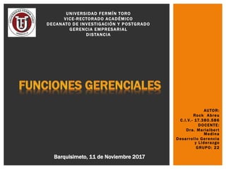 AUTOR:
Rock Abreu
C.I.V.- 17.380.586
DOCENTE:
Dra. Marialbert
Medina
Desarrollo Gerencia
y Liderazgo
GRUPO: 22
UNIVERSIDAD FERMÍN TORO
VICE-RECTORADO ACADÉMICO
DECANATO DE INVESTIGACIÓN Y POSTGRADO
GERENCIA EMPRESARIAL
DISTANCIA
Barquisimeto, 11 de Noviembre 2017
 