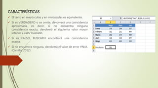 CARACTERÍSTICAS
 El texto en mayúsculas y en minúsculas es equivalente.
 Si es VERDADERO o se omite, devolverá una coincidencia
aproximada, es decir, si no encuentra ninguna
coincidencia exacta, devolverá el siguiente valor mayor
inferior a valor buscado.
 Si es FALSO, BUSCARH encontrará una coincidencia
exacta.
 Si no encuentra ninguna, devolverá el valor de error #N/A.
(Carrillo, 2012)
 