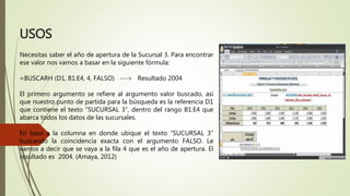 USOS
Necesitas saber el año de apertura de la Sucursal 3. Para encontrar
ese valor nos vamos a basar en la siguiente fórmula:
=BUSCARH (D1, B1:E4, 4, FALSO) ---> Resultado 2004
El primero argumento se refiere al argumento valor buscado, así
que nuestro punto de partida para la búsqueda es la referencia D1
que contiene el texto “SUCURSAL 3”, dentro del rango B1:E4 que
abarca todos los datos de las sucursales.
En base a la columna en donde ubique el texto “SUCURSAL 3”
buscando la coincidencia exacta con el argumento FALSO. Le
vamos a decir que se vaya a la fila 4 que es el año de apertura. El
resultado es 2004. (Amaya, 2012)
 