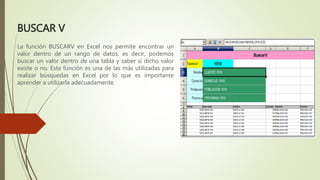 BUSCAR V
La función BUSCARV en Excel nos permite encontrar un
valor dentro de un rango de datos, es decir, podemos
buscar un valor dentro de una tabla y saber si dicho valor
existe o no. Esta función es una de las más utilizadas para
realizar búsquedas en Excel por lo que es importante
aprender a utilizarla adecuadamente.
 