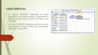 CARACTERÍSTICAS
 La función BUSCARV determina un valor
específico en un rango de datos, ayudándonos a
obtener un valor de un conjunto de datos o de
una tabla.
 La función BUSCARV podemos encontrar mucho
más rápido un número dentro de un directorio
telefónico. (Tovar, 2016)
 