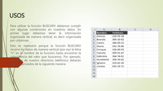 USOS
Para utilizar la función BUSCARV debemos cumplir
con algunas condiciones en nuestros datos. En
primer lugar debemos tener la información
organizada de manera vertical, es decir organizada
por columnas.
Esto es necesario porque la función BUSCARV
recorre los datos de manera vertical (por eso la letra
“V” en el nombre de la función) hasta encontrar la
coincidencia del valor que buscamos. Por ejemplo,
los datos de nuestro directorio telefónico deberán
estar organizados de la siguiente manera:
 