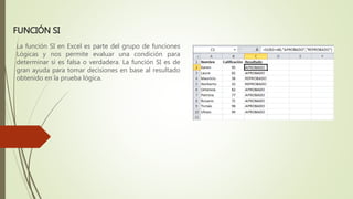 FUNCIÓN SI
La función SI en Excel es parte del grupo de funciones
Lógicas y nos permite evaluar una condición para
determinar si es falsa o verdadera. La función SI es de
gran ayuda para tomar decisiones en base al resultado
obtenido en la prueba lógica.
 