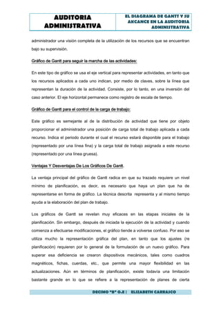 AUDITORIA                                  EL DIAGRAMA DE GANTT Y SU
                                                     AKCANCE EN LA AUDITORIA
       ADMINISTRATIVA                                         ADMINISTRATIVA


administrador una visión completa de la utilización de los recursos que se encuentran

bajo su supervisión.

Gráfico de Gantt para seguir la marcha de las actividades:

En este tipo de gráfico se usa el eje vertical para representar actividades, en tanto que

los recursos aplicados a cada uno indican, por medio de claves, sobre la línea que
representan la duración de la actividad. Consiste, por lo tanto, en una inversión del

caso anterior. El eje horizontal permanece como registro de escala de tiempo.

Gráfico de Gantt para el control de la carga de trabajo:

Este gráfico es semejante al de la distribución de actividad que tiene por objeto
proporcionar el administrador una posición de carga total de trabajo aplicada a cada
recurso. Indica el periodo durante el cual el recurso estará disponible para el trabajo

(representado por una línea fina) y la carga total de trabajo asignada a este recurso
(representado por una línea gruesa).

Ventajas Y Desventajas De Los Gráficos De Gantt.

La ventaja principal del gráfico de Gantt radica en que su trazado requiere un nivel

mínimo de planificación, es decir, es necesario que haya un plan que ha de
representarse en forma de gráfico. La técnica descrita representa y al mismo tiempo
ayuda a la elaboración del plan de trabajo.

Los gráficos de Gantt se revelan muy eficaces en las etapas iniciales de la

planificación. Sin embargo, después de iniciada la ejecución de la actividad y cuando
comienza a efectuarse modificaciones, el gráfico tiende a volverse confuso. Por eso se
utiliza mucho la representación gráfica del plan, en tanto que los ajustes (re

planificación) requieren por lo general de la formulación de un nuevo gráfico. Para

superar esa deficiencia se crearon dispositivos mecánicos, tales como cuadros
magnéticos, fichas, cuerdas, etc., que permite una mayor flexibilidad en las

actualizaciones. Aún en términos de planificación, existe todavía una limitación
bastante grande en lo que se refiere a la representación de planes de cierta

                                  DECIMO “B” O.E | ELIZABETH CARRASCO
 