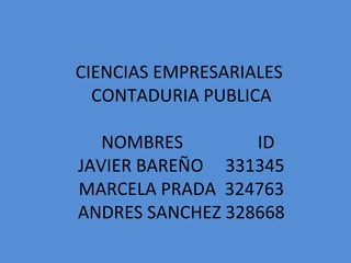 CIENCIAS EMPRESARIALES
  CONTADURIA PUBLICA

   NOMBRES        ID
JAVIER BAREÑO 331345
MARCELA PRADA 324763
ANDRES SANCHEZ 328668
 
