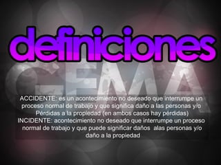 ACCIDENTE: es un acontecimiento no deseado que interrumpe un  proceso normal de trabajo y que significa daño a las personas y/o  Pérdidas a la propiedad (en ambos casos hay pérdidas) INCIDENTE: acontecimiento no deseado que interrumpe un proceso  normal de trabajo y que puede significar daños  alas personas y/o daño a la propiedad 