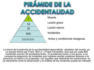 La teoría de la pirámide de la accidentalidad desarrollada  alrededor del mundo, en un estudio hecho por Frank  Bird Jr. y Frank Fernández, dice que por cada 600 incidentes ocurren 30 accidentes leves, 10 accidentes serios y uno grave, si se compara la proporción de incidentes que hubieran podido ocasionar lesiones a la personas y/o daños a la propiedad, con aquellos que realmente los ocasionaron, se ve claramente como la observación y el análisis de los incidentes puede ser utilizada  para evitar o controlar los accidentes. 