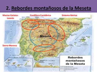 2. Rebordes montañosos de la Meseta
Macizo GalaicoLeonés

Sierra Morena

Cordillera Cantábrica

Sistema Ibérico

 