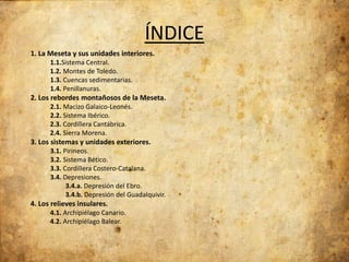 ÍNDICE
1. La Meseta y sus unidades interiores.
1.1.Sistema Central.
1.2. Montes de Toledo.
1.3. Cuencas sedimentarias.
1.4. Penillanuras.

2. Los rebordes montañosos de la Meseta.
2.1. Macizo Galaico-Leonés.
2.2. Sistema Ibérico.
2.3. Cordillera Cantábrica.
2.4. Sierra Morena.

3. Los sistemas y unidades exteriores.
3.1. Pirineos.
3.2. Sistema Bético.
3.3. Cordillera Costero-Catalana.
3.4. Depresiones.
3.4.a. Depresión del Ebro.
3.4.b. Depresión del Guadalquivir.

4. Los relieves insulares.
4.1. Archipiélago Canario.
4.2. Archipiélago Balear.

 
