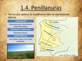 1.4. Penillanuras
• Tierras que apenas se modificaron tras los movimientos
alpinos.
LOCALIZACIÓN
Oeste peninsular, desde Galicia
hasta Extremadura.
MATERIALES Y MODELADO
Materiales silíceos.
CARACTERÍSTICAS
Zonas llanas, bajas y con escasa
pendiente.

 