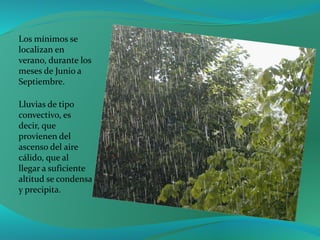 Los mínimos se
localizan en
verano, durante los
meses de Junio a
Septiembre.
Lluvias de tipo
convectivo, es
decir, que
provienen del
ascenso del aire
cálido, que al
llegar a suficiente
altitud se condensa
y precipita.
