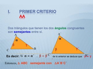 A´
B´C’
A
B
C
Dos triángulos que tienen los dos ángulos congruentes
son semejantes entre sí.
α´
α
β
´
β
γ´
γ
Es decir: Si α = α´ , β = β´ de lo anterior se deduce que γ = γ
´
Entonces, ∆ ABC semejante con ∆A´B´C´
 