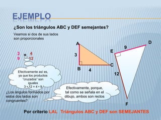 ¿Son los triángulos ABC y DEF semejantes?
A
B
C
4
3
D
E
F
9
12
Veamos si dos de sus lados
son proporcionales
3
9
= 4
12
Efectivamente así es,
ya que los productos
“cruzados” son
iguales
3 • 12 = 4 • 9
¿Los ángulos formados por
estos dos lados son
congruentes?
Por criterio LAL Triángulos ABC y DEF son SEMEJANTES
Efectivamente, porque,
tal como se señala en el
dibujo, ambos son rectos
 