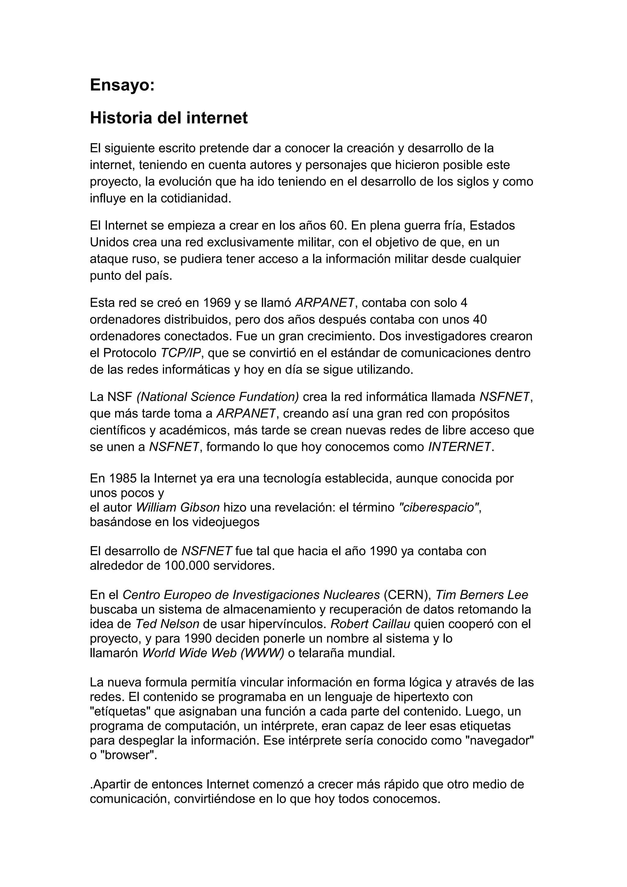 Hinternet Historia Historia del Internet | DOC | Internet | Computing