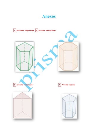 Anexos

1

Prismas regulares

3

prisma triangular

2

Prisma hexagonal

4

Prisma rectos

 
