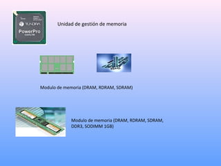 Unidad de gestión de memoria
Modulo de memoria (DRAM, RDRAM, SDRAM)
Modulo de memoria (DRAM, RDRAM, SDRAM,
DDR3, SODIMM 1GB)
 