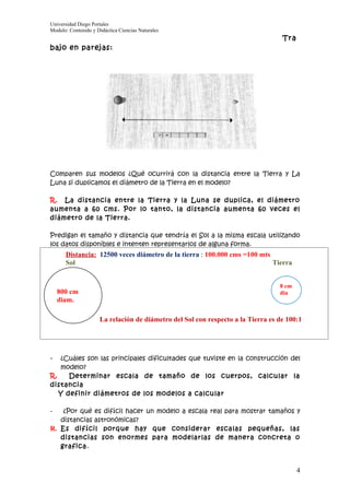 Universidad Diego Portales
Modulo: Contenido y Didáctica Ciencias Naturales
                                                                                  Tra
bajo en parejas:




Comparen sus modelos ¿Qué ocurrirá con la distancia entre la Tierra y La
Luna si duplicamos el diámetro de la Tierra en el modelo?

R. La distancia entre la Tierra y la Luna se duplica, el diámetro
aumenta a 60 cms. Por lo tanto, la distancia aumenta 60 veces el
diámetro de la Tierra.

Predigan el tamaño y distancia que tendría el Sol a la misma escala utilizando
los datos disponibles e intenten representarlos de alguna forma.
      Distancia: 12500 veces diámetro de la tierra : 100.000 cms =100 mts
      Sol                                                                 Tierra


                                                                                 8 cm
    800 cm                                                                       dia
    diam.                                                                        m


                     La relación de diámetro del Sol con respecto a la Tierra es de 100:1




-   ¿Cuáles son las principales dificultades que tuviste en la construcción del
    modelo?
R.    Determinar escala de tamaño de los cuerpos, calcular la
distancia
   Y definir diámetros de los modelos a calcular

-   ¿Por qué es difícil hacer un modelo a escala real para mostrar tamaños y
   distancias astronómicas?
R. Es difícil porque hay que considerar escalas pequeñas, las
   distancias son enormes para modelarlas de manera concreta o
   grafica.


                                                                                        4
 