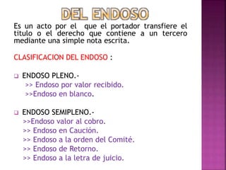 Es un acto por el que el portador transfiere el
titulo o el derecho que contiene a un tercero
mediante una simple nota escrita.
CLASIFICACION DEL ENDOSO :
 ENDOSO PLENO.-
>> Endoso por valor recibido.
>>Endoso en blanco.
 ENDOSO SEMIPLENO.-
>>Endoso valor al cobro.
>> Endoso en Caución.
>> Endoso a la orden del Comité.
>> Endoso de Retorno.
>> Endoso a la letra de juicio.
 