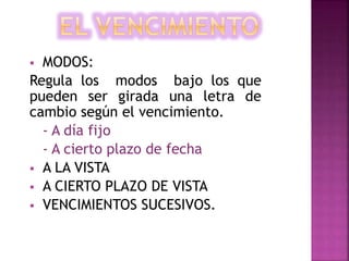  MODOS:
Regula los modos bajo los que
pueden ser girada una letra de
cambio según el vencimiento.
- A día fijo
- A cierto plazo de fecha
 A LA VISTA
 A CIERTO PLAZO DE VISTA
 VENCIMIENTOS SUCESIVOS.
 