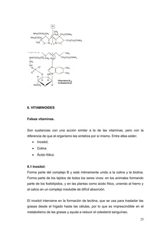 6. VITAMINOIDES
Falsas vitaminas.
Son sustancias con una acción similar a la de las vitaminas, pero con la
diferencia de que el organismo las sintetiza por sí mismo. Entre ellas están:
• Inositol,
• Colina
• Ácido fólico
6.1 Inositol:
Forma parte del complejo B y está íntimamente unido a la colina y la biotina.
Forma parte de los tejidos de todos los seres vivos: en los animales formando
parte de los fosfolípidos, y en las plantas como ácido fítico, uniendo al hierro y
al calcio en un complejo insoluble de difícil absorción.
El inositol interviene en la formación de lecitina, que se usa para trasladar las
grasas desde el hígado hasta las células, por lo que es imprescindible en el
metabolismo de las grasas y ayuda a reducir el colesterol sanguíneo.
25
 