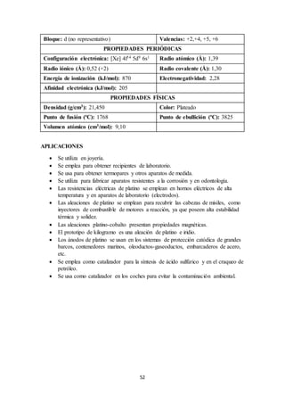 52
Bloque: d (no representativo) Valencias: +2,+4, +5, +6
PROPIEDADES PERIÓDICAS
Configuración electrónica: [Xe] 4f14 5d9 6s1 Radio atómico (Å): 1,39
Radio iónico (Å): 0,52 (+2) Radio covalente (Å): 1,30
Energía de ionización (kJ/mol): 870 Electronegatividad: 2,28
Afinidad electrónica (kJ/mol): 205
PROPIEDADES FÍSICAS
Densidad (g/cm3): 21,450 Color: Plateado
Punto de fusión (ºC): 1768 Punto de ebullición (ºC): 3825
Volumen atómico (cm3/mol): 9,10
APLICACIONES
 Se utiliza en joyería.
 Se emplea para obtener recipientes de laboratorio.
 Se usa para obtener termopares y otros aparatos de medida.
 Se utiliza para fabricar aparatos resistentes a la corrosión y en odontología.
 Las resistencias eléctricas de platino se emplean en hornos eléctricos de alta
temperatura y en aparatos de laboratorio (electrodos).
 Las aleaciones de platino se emplean para recubrir las cabezas de misiles, como
inyectores de combustible de motores a reacción, ya que poseen alta estabilidad
térmica y solidez.
 Las aleaciones platino-cobalto presentan propiedades magnéticas.
 El prototipo de kilogramo es una aleación de platino e iridio.
 Los ánodos de platino se usan en los sistemas de protección catódica de grandes
barcos, contenedores marinos, oleoductos-gaseoductos, embarcaderos de acero,
etc.
 Se emplea como catalizador para la síntesis de ácido sulfúrico y en el craqueo de
petróleo.
 Se usa como catalizador en los coches para evitar la contaminación ambiental.
 