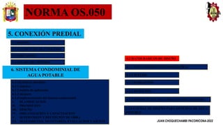 NORMA OS.050
5. CONEXIÓN PREDIAL
5.1 DISEÑO
5.2 ELEMENTOS DE CONEXION
5.3 UBICACIÓN
5.4 DIAMETRO MINIMO
6. SISTEMA CONDOMINIAL DE
AGUA POTABLE
6.1 GENERALIDADES
6.1.1 objetivo
6.1.2 ámbito de aplicación
6.1.3 alcances
6.1.4 implementación del sistema condominial
I. PLANIFICACION
II. PROMOCION
III. DISEÑO
IV. ORGANIZACIÓN Y CAPACITACION
V. SUPERVISION Y RECEPCION DE OBRA
VI. SEGUIMIENTO, MONITOREO, EVALUACION Y AJUSTE
6.2 DATOS BASICOS DE DISEÑO
6.2.1 LEVANTAMIENTO TOPOGRAFICO
6.2.2 SUELOS
6.2.3 POBLACION
6.2.4 DOTACION
6.2.5 COEFICIENTE DE VARIACION DE CONSUMO
6.2.6 CAUDAL DE DISEÑO PARA SISTEMAS DE AGUA
POTABLE
JUAN CHOQUECHAMBI PACORICONA-2022
 
