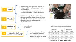 Suelos
02
• Determinación de la agresividad del suelo con
indicadores de PH, sulfatos, cloruros y sales
solubles totales.
• Otros estudios necesarios en función de la
naturaleza del terreno, a criterio del consultor
Población
03
• Se determinar la población de saturación y la
densidad poblacional para el periodo de diseño
adoptado. En caso no se pudiera determinar la
densidad poblacional de saturación, se
adoptará 6 Hab/lote.
Coeficiente de
retorno
04
• Sera establecido
por la norma
• Se determinara para el inicio y
final del periodo de diseño.
• El diseño del sistema se
realizará con el valor del caudal
máximo horario futuro
Caudal de diseño para
sistemas de alcantarillado
05
LLANOS SULCA FREDY FERNANDO
 