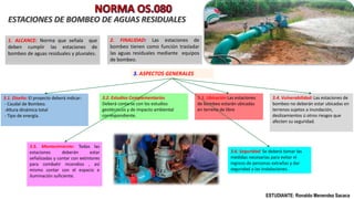 1. ALCANCE: Norma que señala que
deben cumplir las estaciones de
bombeo de aguas residuales y pluviales.
2. FINALIDAD: Las estaciones de
bombeo tienen como función trasladar
las aguas residuales mediante equipos
de bombeo.
3. ASPECTOS GENERALES
3.1. Diseño: El proyecto deberá indicar:
- Caudal de Bombeo.
-Altura dinámica total
- Tipo de energía.
3.2. Estudios Complementarios
Deberá contarse con los estudios
geotécnicos y de impacto ambiental
correspondiente.
3.3. Ubicación Las estaciones
de bombeo estarán ubicadas
en terreno de libre
3.4. Vulnerabilidad: Las estaciones de
bombeo no deberán estar ubicadas en
terrenos sujetos a inundación,
deslizamientos ú otros riesgos que
afecten su seguridad.
3.5. Mantenimiento: Todas las
estaciones deberán estar
señalizadas y contar con extintores
para combatir incendios , así
mismo contar con el espacio e
iluminación suficiente.
3.6. Seguridad: Se deberá tomar las
medidas necesarias para evitar el
ingreso de personas extrañas y dar
seguridad a las instalaciones.
ESTUDIANTE: Ronaldo Menendez Sacaca
 