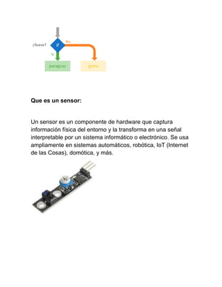 Que es un sensor:
Un sensor es un componente de hardware que captura
información física del entorno y la transforma en una señal
interpretable por un sistema informático o electrónico. Se usa
ampliamente en sistemas automáticos, robótica, IoT (Internet
de las Cosas), domótica, y más.
 