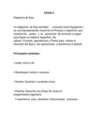 FICHA 2
Diagrama de flujo
Un diagrama de flujo (también conocido como flujograma )
es una representación visual de un Proceso o algoritmo, que
muestra los pasos y la secuencia de acciones a seguir
para lograr un objetivo especifico. Se
utilizan Formato geométricas y Flecha para indicar la
dirección del flujo y las operaciones o decisiones A realizar .
Principales símbolos:
• óvalo: Inicio o fin
• Rectángulo: Acción o proceso
• Rombo: Decisión ( condición sí/no)
• Flechas: Dirección de el flujo Se Usan en
programación,ingeniería
Y electrónica para planificar o Documentar procesos .
 