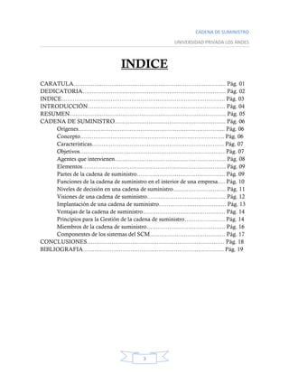 CADENA DE SUMINISTRO
UNIVERSIDAD PRIVADA LOS ANDES
3
INDICE
CARATULA……………………………………………………………………... Pág. 01
DEDICATORIA…………………………………………………………………. Pág. 02
INDICE…………………………………………….…………………………….. Pág. 03
INTRODUCCIÓN………………………………………………………………. Pág. 04
RESUMEN…………………………………………………………………….…. Pág. 05
CADENA DE SUMINISTRO………………………………………………….. Pág. 06
Orígenes…………………………………………………………………... Pág. 06
Concepto…………………..……………………………………………... Pág. 06
Características……………………………………………………………. Pág. 07
Objetivos…………………………………………….……………………. Pág. 07
Agentes que intervienen………………………….………………………. Pág. 08
Elementos…………………………………………………………………. Pág. 09
Partes de la cadena de suministro……………………………………….. Pág. 09
Funciones de la cadena de suministro en el interior de una empresa…. Pág. 10
Niveles de decisión en una cadena de suministro………………………. Pág. 11
Visiones de una cadena de suministro…………………………………... Pág. 12
Implantación de una cadena de suministro……………….………….…. Pág. 13
Ventajas de la cadena de suministro……………………….……………. Pág. 14
Principios para la Gestión de la cadena de suministro…….………..…. Pág. 14
Miembros de la cadena de suministro……………………….………….. Pág. 16
Componentes de los sistemas del SCM…………………………………. Pág. 17
CONCLUSIONES………………………………………………………………. Pág. 18
BIBLIOGRAFIA……………………………………………………………..…. Pág. 19
 