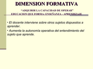 DIMENSION FORMATIVA   “ADQUIRIR LA CAPACIDAD DE OPERAR” EDUCACION QUE FORMA: ENSEÑANZA - APRENDIZAJE El docente interviene sobre otros sujetos dispuestos a aprender. Aumenta la autonomía operativa del entendimiento del sujeto que aprende. 