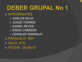 DEBER GRUPAL No 1
 INTEGRANTES
 CARLOS SILVA
 JOSUE TORRES
 DANIEL REYES
 ERICK CABRERA
 OSWALDO NARANJO
 PARALELO: M37
 AULA: B10
 FECHA : 25-09-13
 