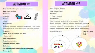 ACTIVIDAD Nº1 ACTIVIDAD Nº2
Tema: Conjunto de Frutas
Edad: Niños de 5 años
Materiales:
• Frutas y Verduras
Procedimiento:
Vamos a establecer la relación de los tres conjuntos A, B, C.
Primero el conjunto A todos sus elementos pertenecen al conjunto B
entonces el conjunto A es un subconjunto de B pero el conjunto C
comparte algún elemento con B no, por lo tanto no es un conjunto y
no está incluido en B.
A
B
Tema: Identificar los objetos que pesan mas y menos
Edad: Niños de 4 años
Materiales:
•Calcetines
•Ganchos
•Pinza
Procedimiento:
La docente realiza una balanza con los ganchos y con la pinza
agarra el calcetín de colores blanco y azul y le dice al estudiante:
Preguntas:
•¿Cuál de los dos crees que pesa más?
El color azul
•¿Por qué pesa mas ?
Porque tiene mas objetos
•¿Cuántos calcetines tienes?
2 calcetines
•¿Si ponemos objetos iguales pesaran mas o menos?
Pesaran iguales
C
OBSERVAMOS
A<B
C<B
 