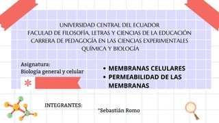 UNIVERSIDAD CENTRAL DEL ECUADOR
FACULAD DE FILOSOFÍA, LETRAS Y CIENCIAS DE LA EDUCACIÓN
CARRERA DE PEDAGOGÍA EN LAS CIENCIAS EXPERIMENTALES
QUÍMICA Y BIOLOGÍA
Asignatura:
Biología general y celular
INTEGRANTES:
*Sebastián Romo
MEMBRANAS CELULARES
PERMEABILIDAD DE LAS
MEMBRANAS
 
