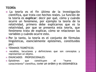 TEORÍA
 La teoría es el fin último de la investigación
científica, que trata con hechos reales. La función de
la teoría es explicar: decir por qué, cómo y cuándo
ocurre un fenómeno, por ejemplo la teoría de la
relatividad, primero debe explicarnos que es la
relatividad, por que se presenta esta teoría, que
fenómeno trata de explicar, cómo se relacionan las
variables y cuándo ocurre esto.
 Por lo tanto, la teoría es el conjunto de fórmulas
lingüísticas, esencialmente epistemes, constituidos
por:
 TÉRMINOS TEORÉTICOS:
 vocablos, locuciones y definiciones que son conceptos y
representan un objeto.
 ENUNCIADOS PROPOSICIONALES:
 Epistémes que constituyen el “nuevo
conocimiento” científico, tiene un orden y es sistemática
 