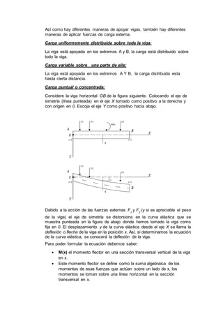Así como hay diferentes maneras de apoyar vigas, también hay diferentes
maneras de aplicar fuerzas de carga externa.
Carga uniformemente distribuida sobre toda la viga:
La viga está apoyada en los extremos A y B, la carga está distribuido sobre
todo la viga.
Carga variable sobre una parte de ella:
La viga está apoyada en los extremos A Y B, la carga distribuida esta
hasta cierta distancia.
Carga puntual o concentrada:
Considere la viga horizontal OB de la figura siguiente. Colocando el eje de
simetría (línea punteada) en el eje X tomado como positivo a la derecha y
con origen en 0. Escoja el eje Y como positivo hacia abajo.
Debido a la acción de las fuerzas externas F1
y F2
(y si es apreciable el peso
de la viga) el eje de simetría se distorsiona en la curva elástica que se
muestra punteada en la figura de abajo donde hemos tomado la viga como
fija en 0. El desplazamiento y de la curva elástica desde el eje X se llama la
deflexión o flecha de la viga en la posición x. Así, si determinamos la ecuación
de la curva elástica, se conocerá la deflexión de la viga.
Para poder formular la ecuación debemos saber:
 M(x) el momento flector en una sección transversal vertical de la viga
en x.
 Este momento flector se define como la suma algebraica de los
momentos de esas fuerzas que actúan sobre un lado de x, los
momentos se toman sobre una línea horizontal en la sección
transversal en x.
 