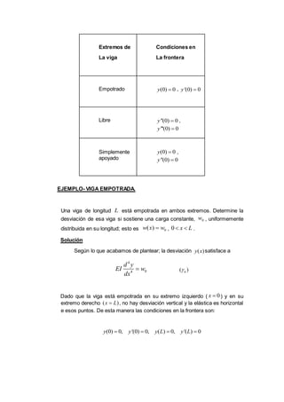 Extremos de
La viga
Condiciones en
La frontera
Empotrado ,
Libre ,
Simplemente
apoyado
,
EJEMPLO- VIGA EMPOTRADA.
Una viga de longitud está empotrada en ambos extremos. Determine la
desviación de esa viga si sostiene una carga constante, , uniformemente
distribuida en su longitud; esto es , .
Solución
Según lo que acabamos de plantear; la desviación satisface a
Dado que la viga está empotrada en su extremo izquierdo ( ) y en su
extremo derecho , no hay desviación vertical y la elástica es horizontal
e esos puntos. De esta manera las condiciones en la frontera son:
(0) 0y  '(0) 0y 
''(0) 0y 
'''(0) 0y 
(0) 0y 
''(0) 0y 
L
0w
0( )w x w 0 x L 
( )y x
4
04
d y
EI w
dx
 6( )
0x 
( )x L
(0) 0, '(0) 0, ( ) 0, '( ) 0y y y L y L   
 