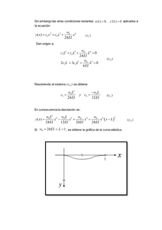 Sin embargo las otras condiciones restantes aplicados a
la ecuación:
Dan origen a:
Resolviendo el sistema se obtiene:
En consecuencia la desviación es:
Si , se obtiene la gráfica de la curva elástica.
( ) 0, '( ) 0y L y L 
2 3 40
3 4( )
24
w
y x c x c x x
EI
   9( )
2 3 40
3 4
2 30
3 4
0
24
2 3 0
6
w
c L c L L
EI
w
c L c L L
EI
  
  
10( )
10( )
2
0 0
3 4
24 12
w L w L
c y c
EI EI

  11( )
 
2
22 3 4 20 0 0 0
( )
24 12 24 24
w L w L w w
y x x x x x x L
EI EI EI EI
     12( )
0 24 1w EI L  
 